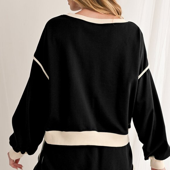 B301 Black Contrast Trim Loose Pullover and Lace Up Skort Set - Picture 2 of 11